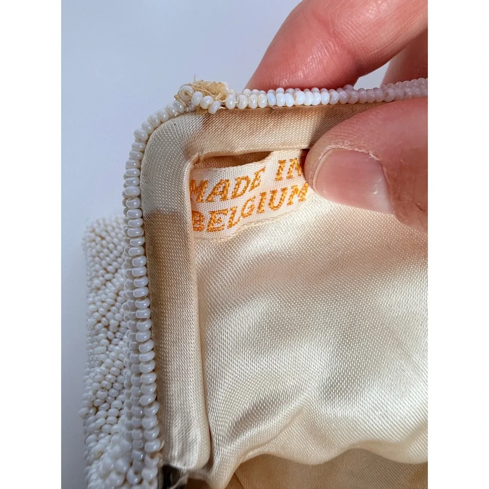 Vintage Made in Belgium White Beaded Clutch Kiss Lock Evening Bag - BH